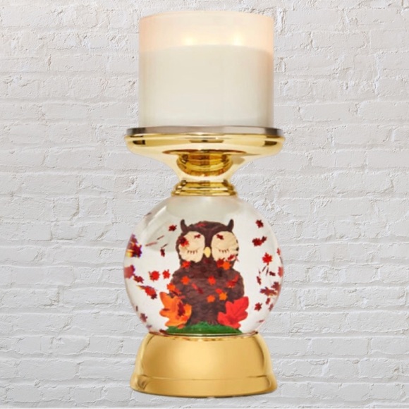 BBW Owl Globe Candle Stand Holder Snow-globe Fall Leaves Gold Lights Up Night - Picture 5 of 5